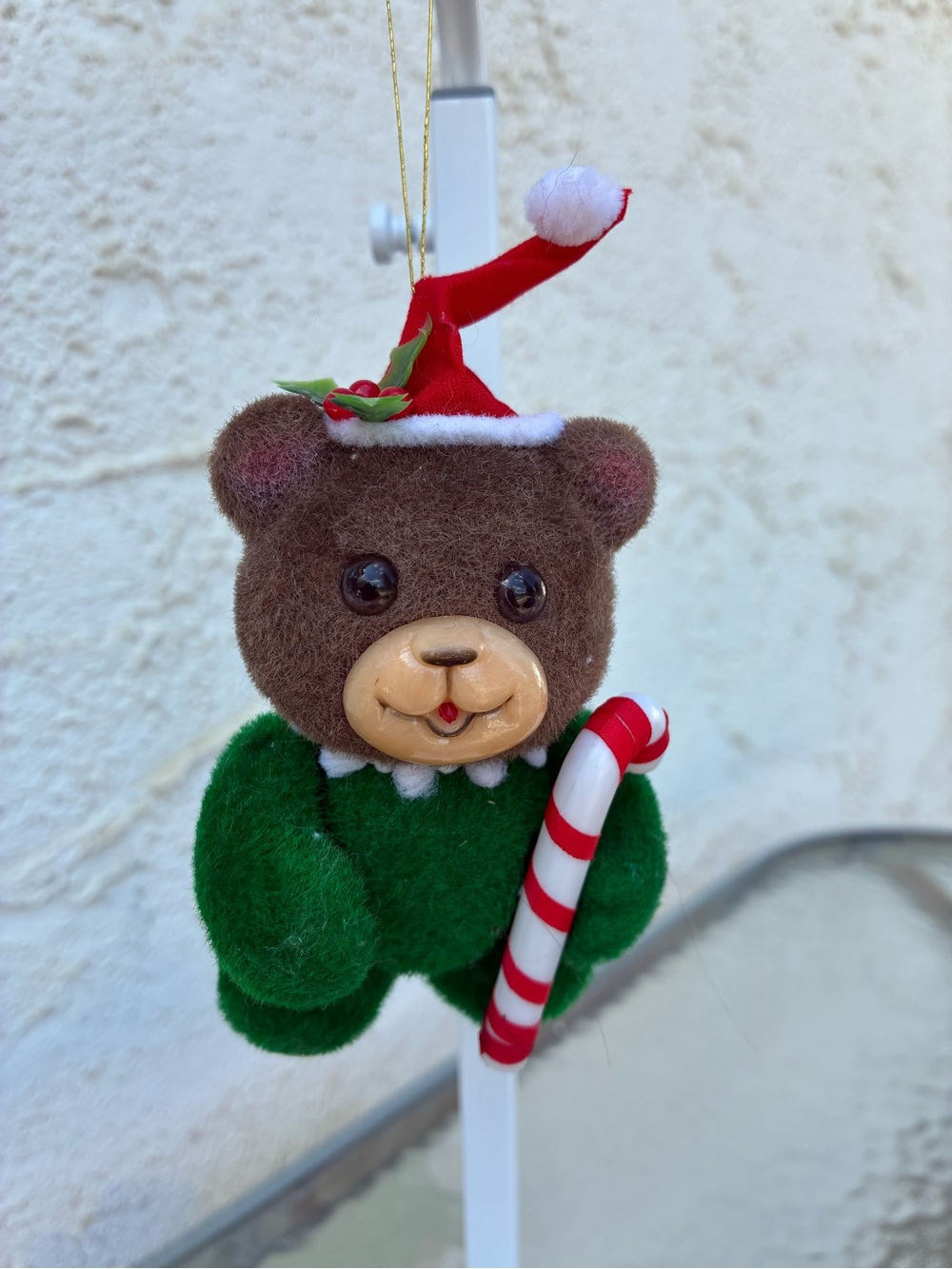 Vintage Jasco Flocked Bear Christmas Ornament Candycane Green